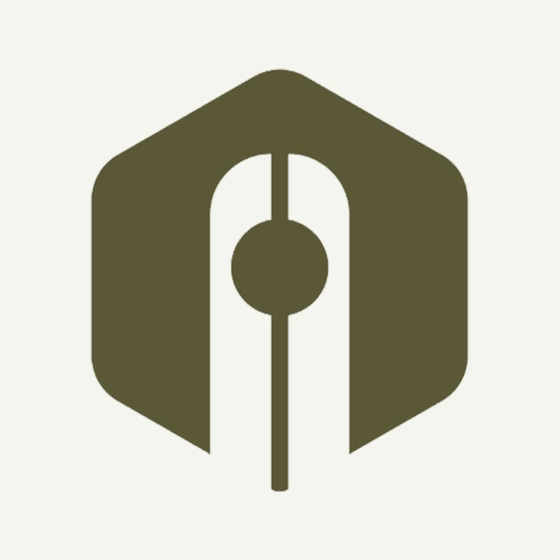 A Stylized Olive Green Logo Features A Hexagon With A Vertical Line And A Central Circle, Resembling A Modern Pen Nib Or Abstract Geometric Design, On A Light Background.