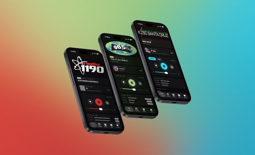 Three smartphones floating against a gradient background, each displaying the mobile app interface for a different radio station.