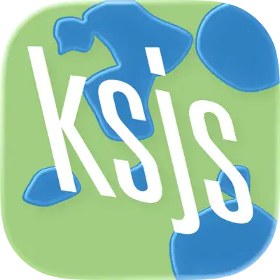 White Letters “Ksjs” Are Displayed Diagonally On A Green Background With Irregular Blue Shapes Scattered Behind The Text.
