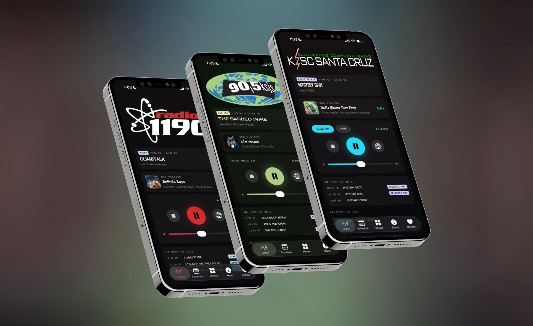 Three Smartphones Display Different Radio Station Apps: Radio 1190, 90.5 Fm, And Ksco Santa Cruz, Each Showing A Music Player Interface With Play, Pause, And Song Information Buttons.