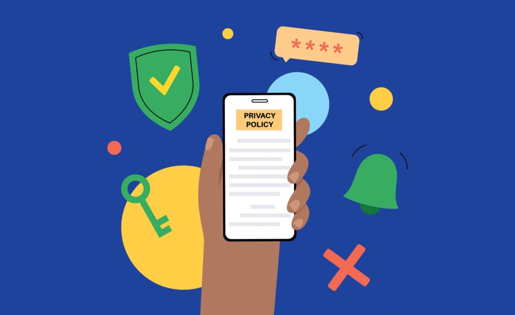 A hand holds a smartphone displaying a “Privacy Policy” document, surrounded by digital security icons including a shield with a checkmark, a key, a notification bell, and a password field.
