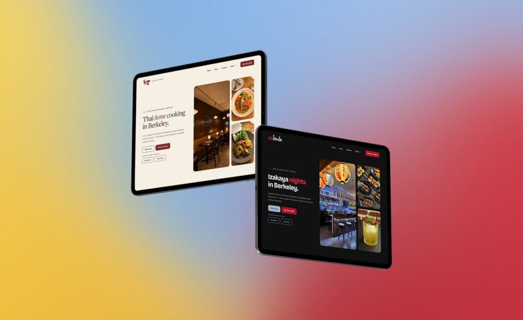 Two tablets displaying restaurant websites for Thai and Japanese dining, floating against a colorful gradient background.
