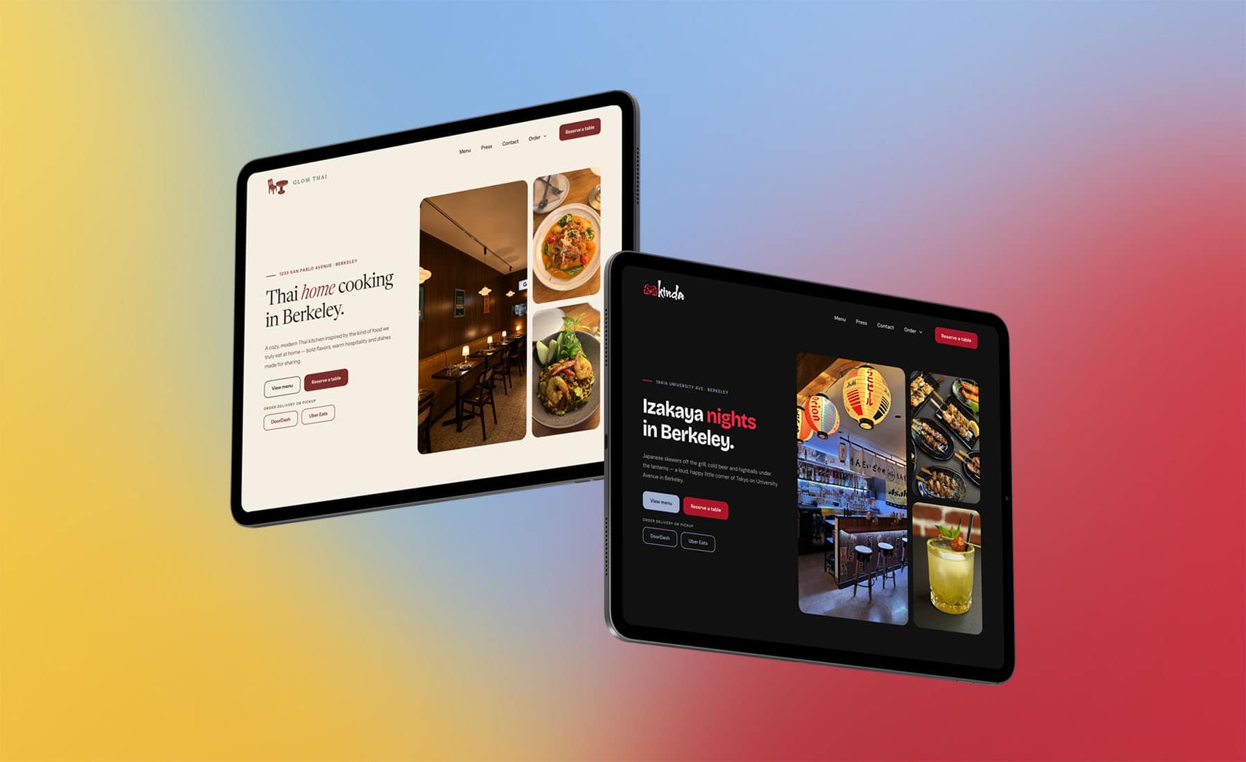 Two Tablets Displaying Restaurant Websites For Thai And Japanese Cuisine Against A Blurred, Multicolored Background.